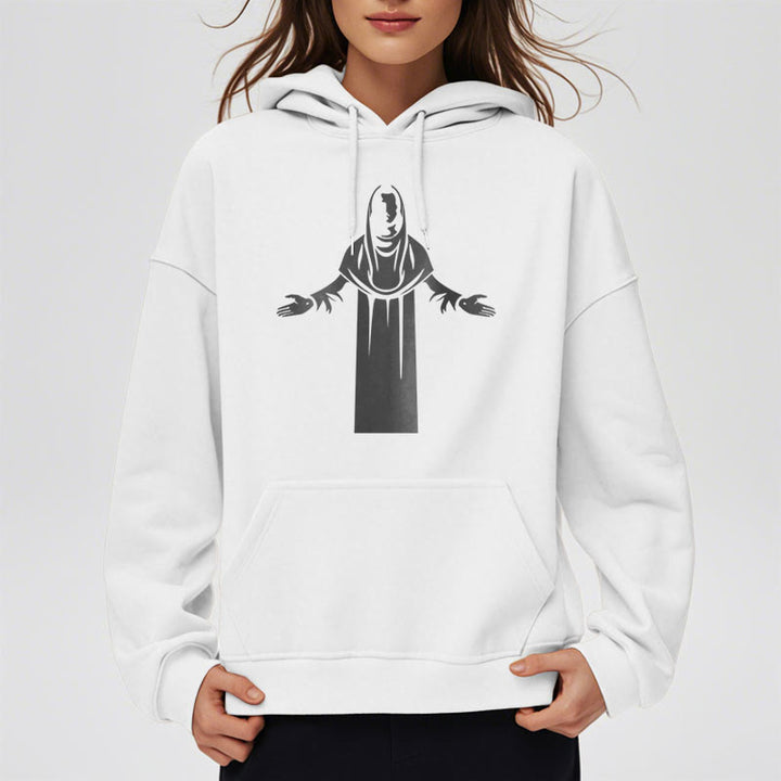 Christianartworkshop Kapuzenpullover aus Polyester im klassischen Stil mit Heiligenfigur und offenen, betenden Händen, mit Fleecefutter