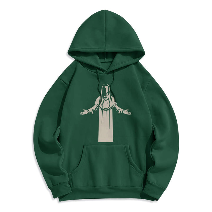 Christianartworkshop Kapuzenpullover aus Polyester im klassischen Stil mit Heiligenfigur und offenen, betenden Händen, mit Fleecefutter