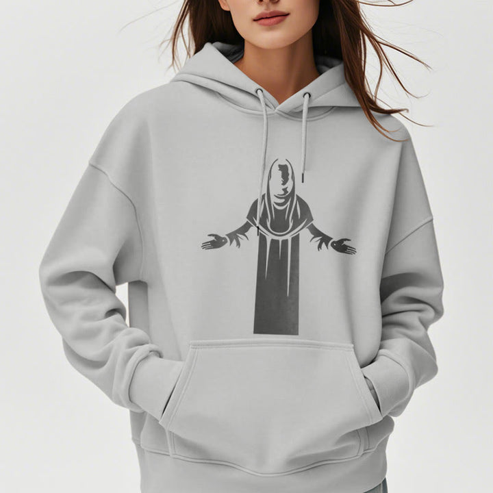 Christianartworkshop Kapuzenpullover aus Polyester im klassischen Stil mit Heiligenfigur und offenen, betenden Händen, mit Fleecefutter