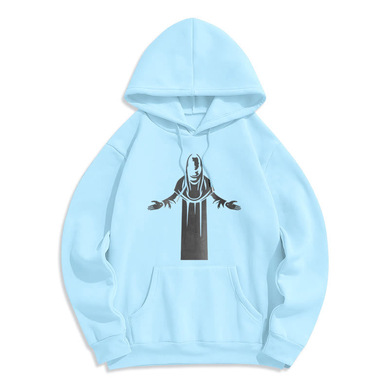 Christianartworkshop Kapuzenpullover aus Polyester im klassischen Stil mit Heiligenfigur und offenen, betenden Händen, mit Fleecefutter