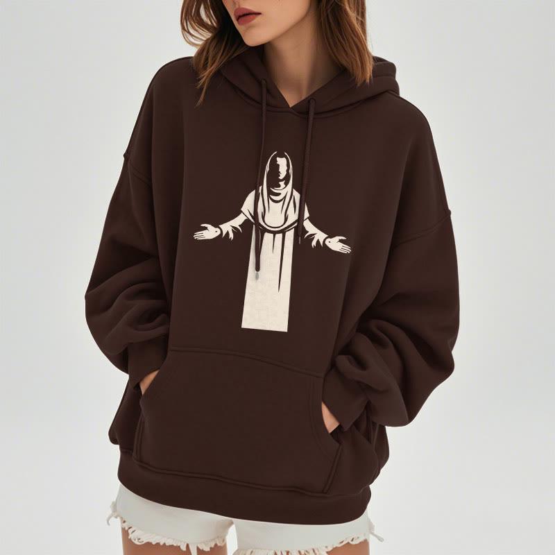 Christianartworkshop Kapuzenpullover aus Polyester im klassischen Stil mit Heiligenfigur und offenen, betenden Händen, mit Fleecefutter