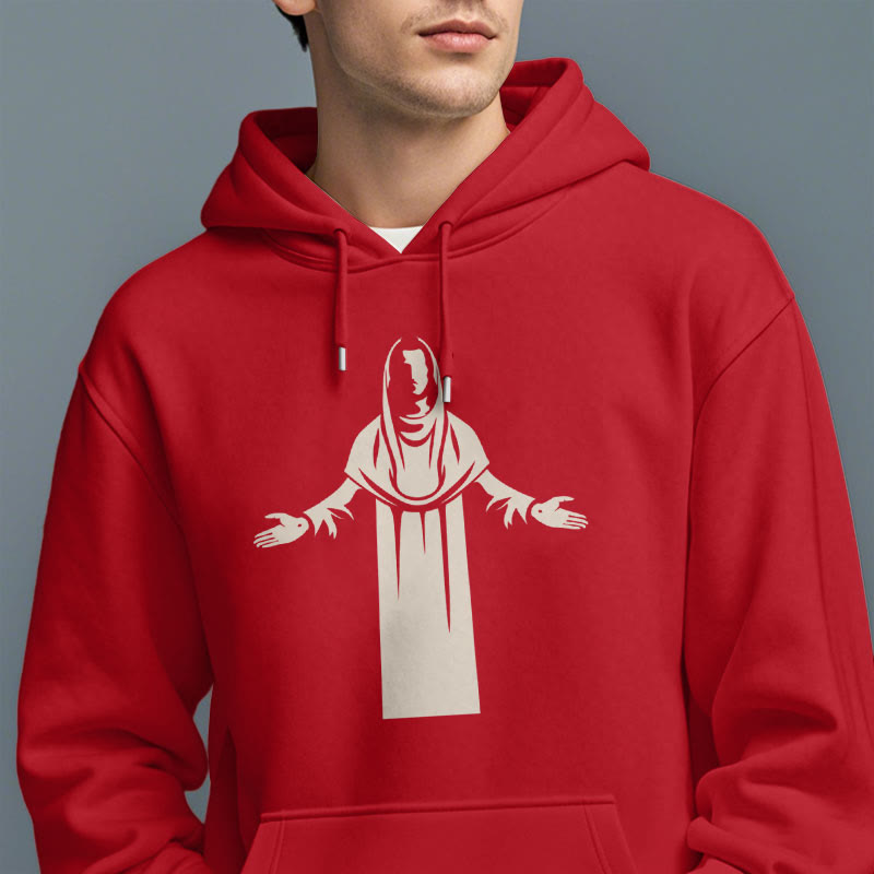 Christianartworkshop Kapuzenpullover aus Polyester im klassischen Stil mit Heiligenfigur und offenen, betenden Händen, mit Fleecefutter