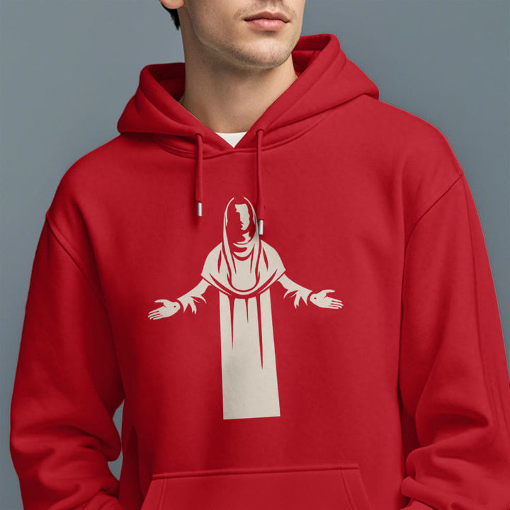 Christianartworkshop Kapuzenpullover aus Polyester im klassischen Stil mit Heiligenfigur und offenen, betenden Händen, mit Fleecefutter