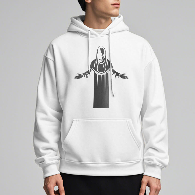 Christianartworkshop Kapuzenpullover aus Polyester im klassischen Stil mit Heiligenfigur und offenen, betenden Händen, mit Fleecefutter