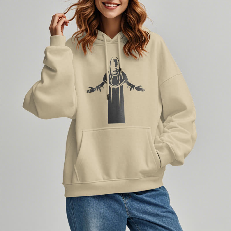 Christianartworkshop Kapuzenpullover aus Polyester im klassischen Stil mit Heiligenfigur und offenen, betenden Händen, mit Fleecefutter