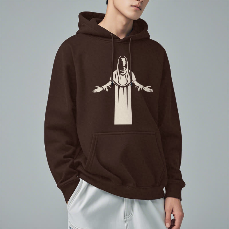 Christianartworkshop Kapuzenpullover aus Polyester im klassischen Stil mit Heiligenfigur und offenen, betenden Händen, mit Fleecefutter