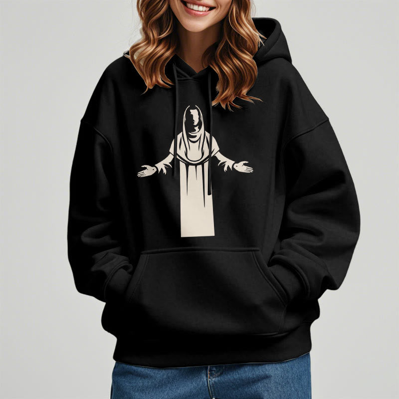 Christianartworkshop Kapuzenpullover aus Polyester im klassischen Stil mit Heiligenfigur und offenen, betenden Händen, mit Fleecefutter