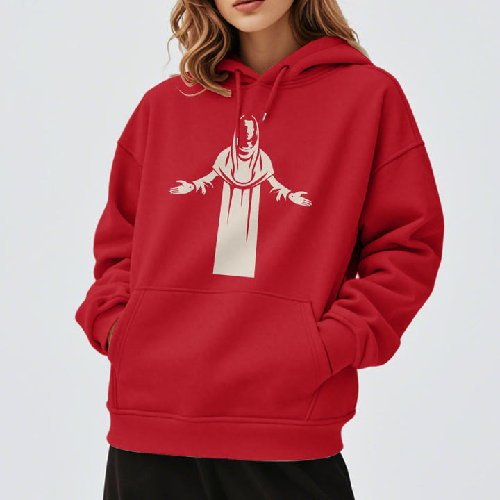 Christianartworkshop Kapuzenpullover aus Polyester im klassischen Stil mit Heiligenfigur und offenen, betenden Händen, mit Fleecefutter
