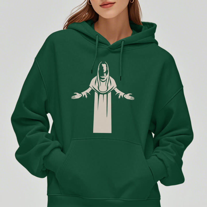 Christianartworkshop Kapuzenpullover aus Polyester im klassischen Stil mit Heiligenfigur und offenen, betenden Händen, mit Fleecefutter
