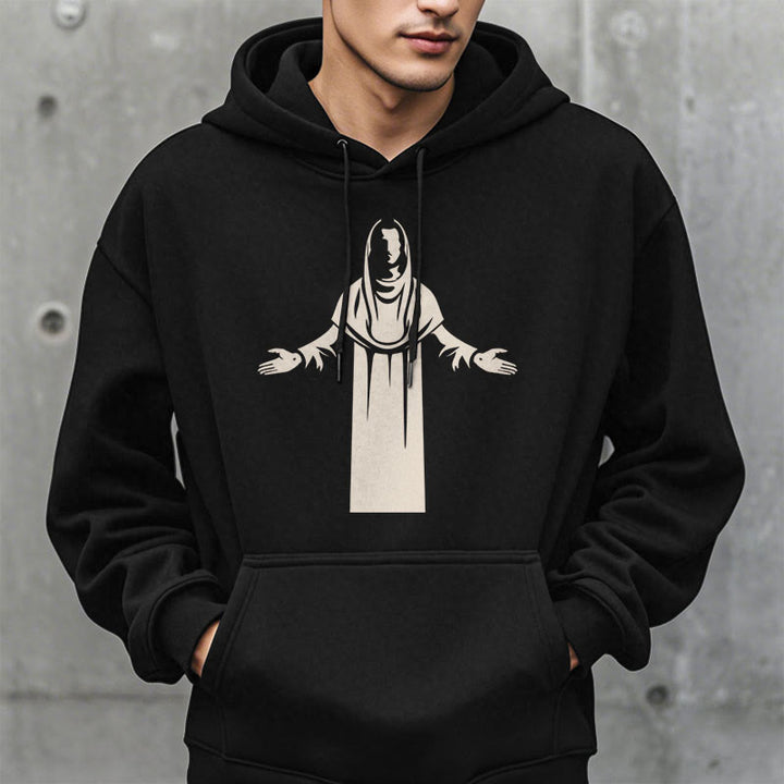 Christianartworkshop Kapuzenpullover aus Polyester im klassischen Stil mit Heiligenfigur und offenen, betenden Händen, mit Fleecefutter