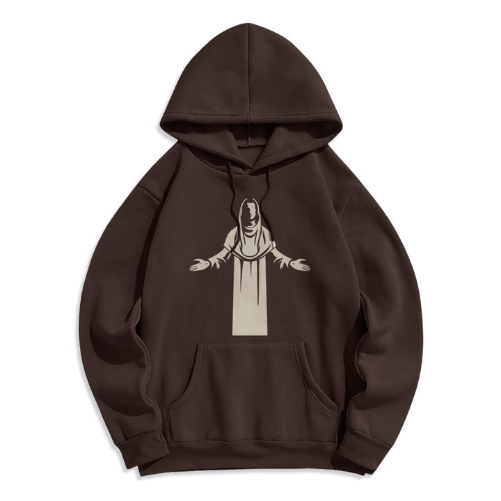 Christianartworkshop Kapuzenpullover aus Polyester im klassischen Stil mit Heiligenfigur und offenen, betenden Händen, mit Fleecefutter - Braun - 2XL - image 15