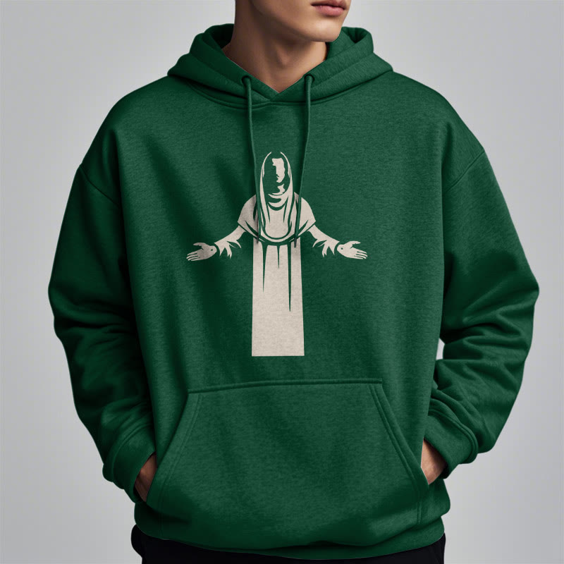 Christianartworkshop Kapuzenpullover aus Polyester im klassischen Stil mit Heiligenfigur und offenen, betenden Händen, mit Fleecefutter