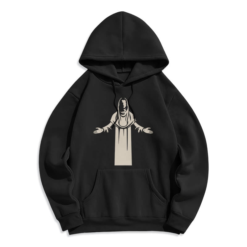 Christianartworkshop Kapuzenpullover aus Polyester im klassischen Stil mit Heiligenfigur und offenen, betenden Händen, mit Fleecefutter - Schwarz - 2XL - image 5