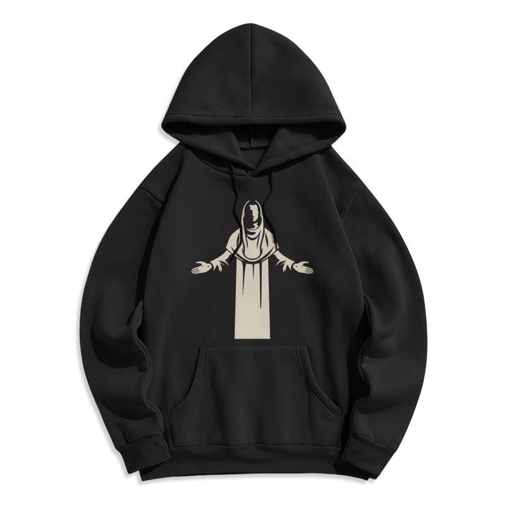 Christianartworkshop Kapuzenpullover aus Polyester im klassischen Stil mit Heiligenfigur und offenen, betenden Händen, mit Fleecefutter - Schwarz - 2XL - image 5