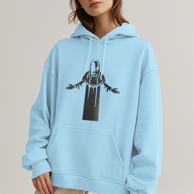 Christianartworkshop Kapuzenpullover aus Polyester im klassischen Stil mit Heiligenfigur und offenen, betenden Händen, mit Fleecefutter