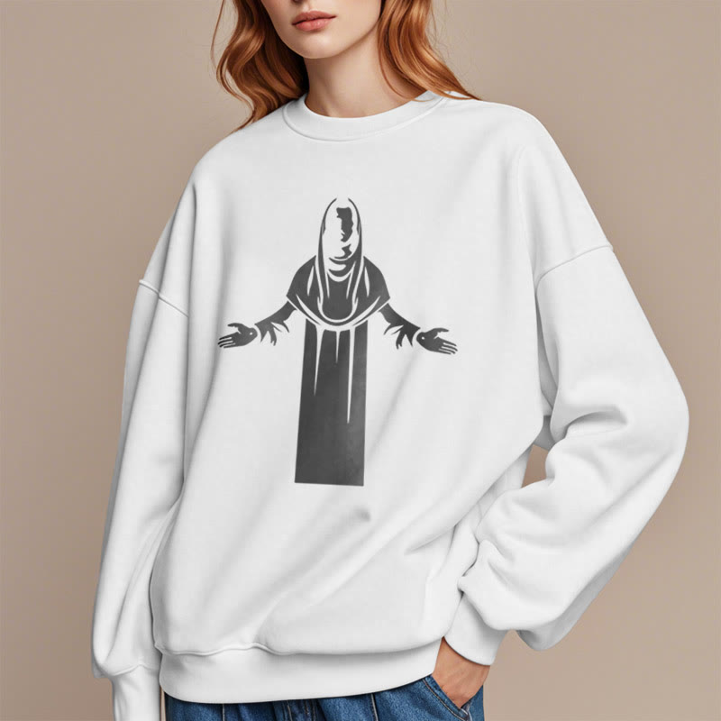 Christianartworkshop Sweatshirt im klassischen Stil mit Heiligenfigur und offenen, betenden Händen, mit Fleece gefüttert