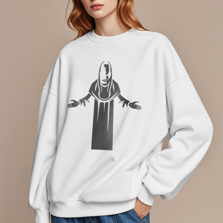 Christianartworkshop Sweatshirt im klassischen Stil mit Heiligenfigur und offenen, betenden Händen, mit Fleece gefüttert