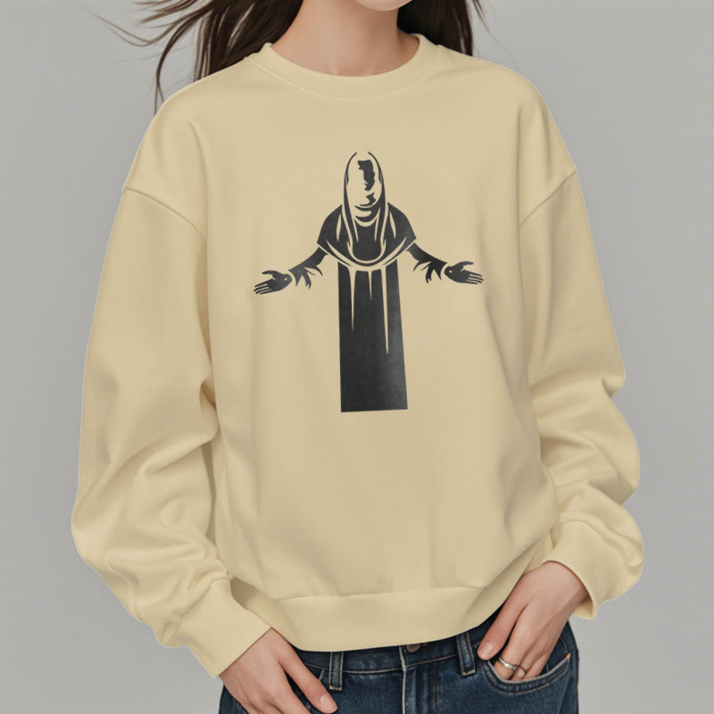 Christianartworkshop Sweatshirt im klassischen Stil mit Heiligenfigur und offenen, betenden Händen, mit Fleece gefüttert - image 1