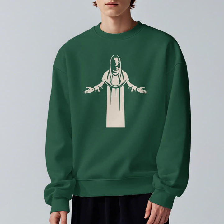 Christianartworkshop Sweatshirt im klassischen Stil mit Heiligenfigur und offenen, betenden Händen, mit Fleece gefüttert