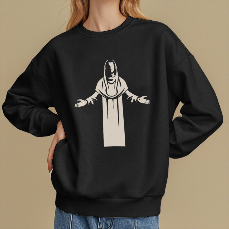 Christianartworkshop Sweatshirt im klassischen Stil mit Heiligenfigur und offenen, betenden Händen, mit Fleece gefüttert