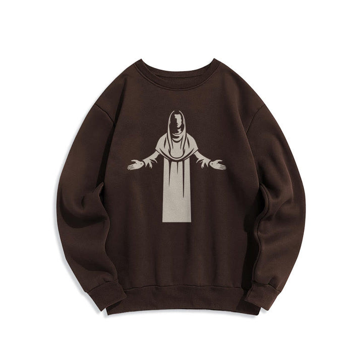 Christianartworkshop Sweatshirt im klassischen Stil mit Heiligenfigur und offenen, betenden Händen, mit Fleece gefüttert - Braun - 2XL - image 15