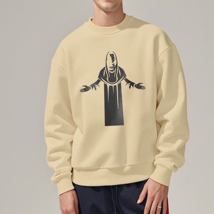 Christianartworkshop Sweatshirt im klassischen Stil mit Heiligenfigur und offenen, betenden Händen, mit Fleece gefüttert