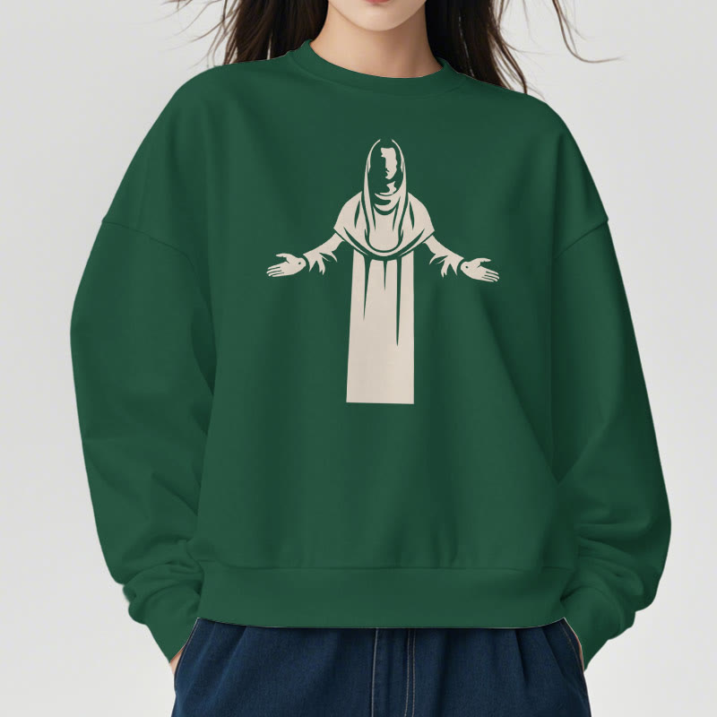 Christianartworkshop Sweatshirt im klassischen Stil mit Heiligenfigur und offenen, betenden Händen, mit Fleece gefüttert
