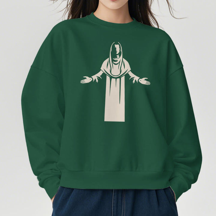 Christianartworkshop Sweatshirt im klassischen Stil mit Heiligenfigur und offenen, betenden Händen, mit Fleece gefüttert