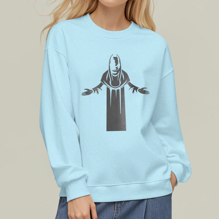 Christianartworkshop Sweatshirt im klassischen Stil mit Heiligenfigur und offenen, betenden Händen, mit Fleece gefüttert