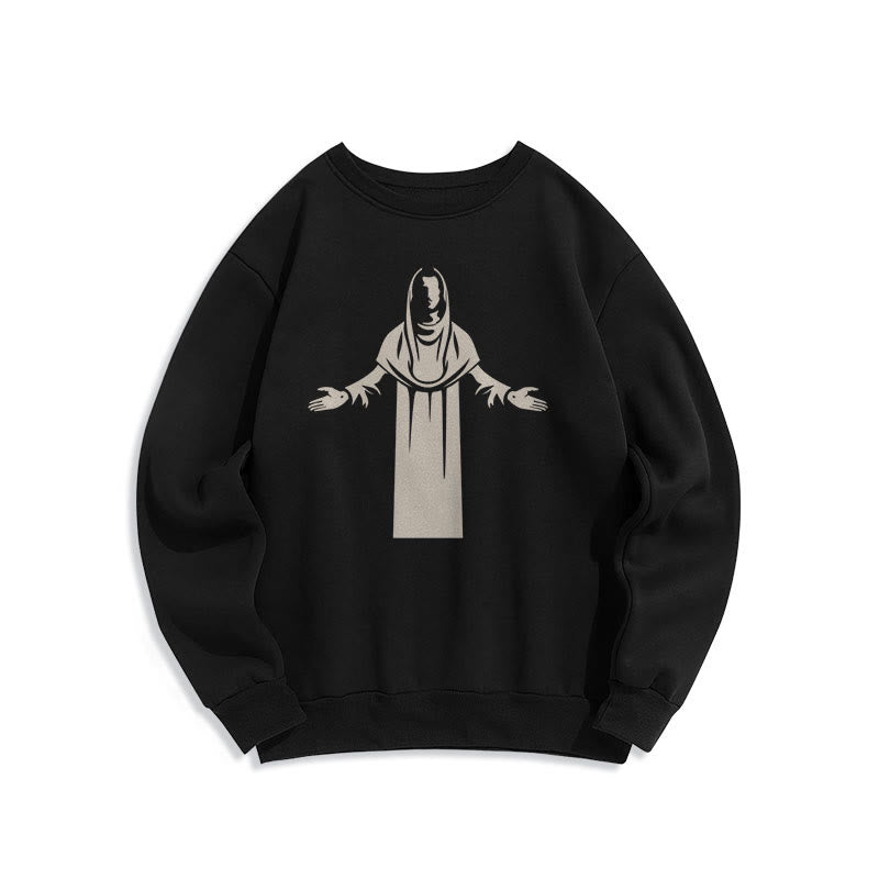 Christianartworkshop Sweatshirt im klassischen Stil mit Heiligenfigur und offenen, betenden Händen, mit Fleece gefüttert