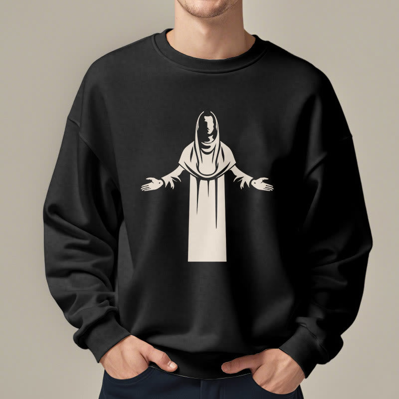 Christianartworkshop Sweatshirt im klassischen Stil mit Heiligenfigur und offenen, betenden Händen, mit Fleece gefüttert