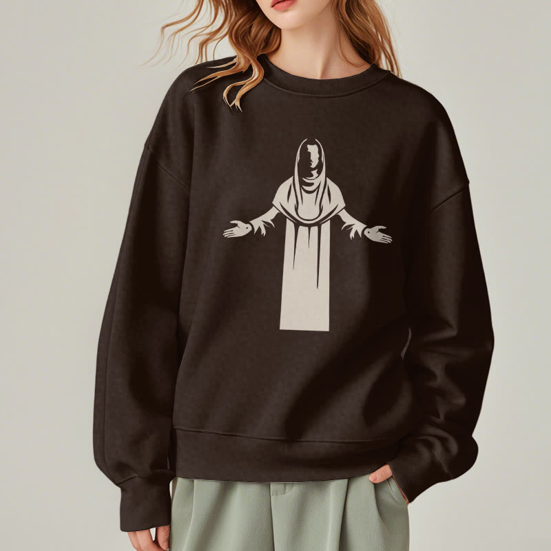 Christianartworkshop Sweatshirt im klassischen Stil mit Heiligenfigur und offenen, betenden Händen, mit Fleece gefüttert