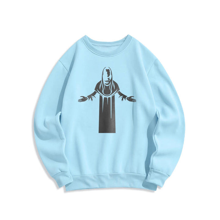 Christianartworkshop Sweatshirt im klassischen Stil mit Heiligenfigur und offenen, betenden Händen, mit Fleece gefüttert