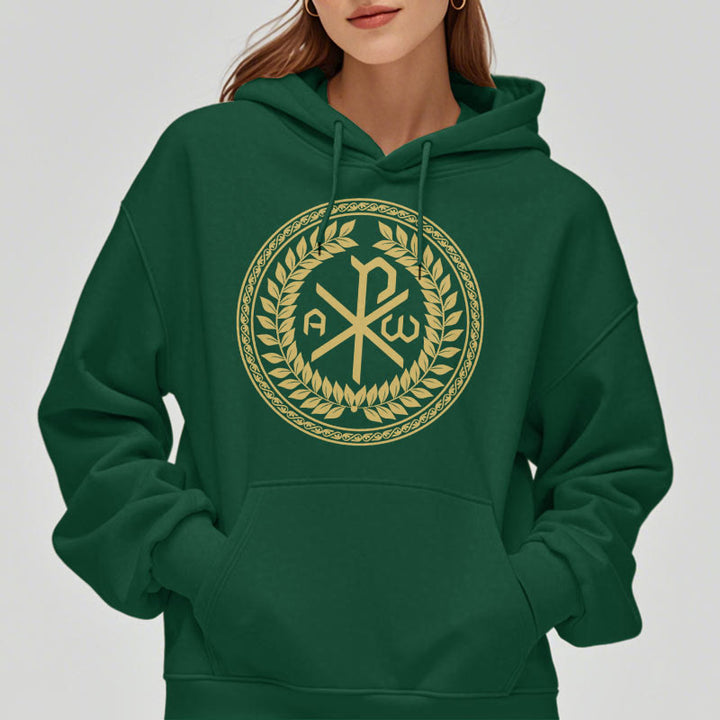 Christianartworkshop Kapuzenpullover aus Polyester im klassischen Stil mit heiligem Chi-Rho-Emblem und Lorbeerkranz, mit Fleece gefüttert