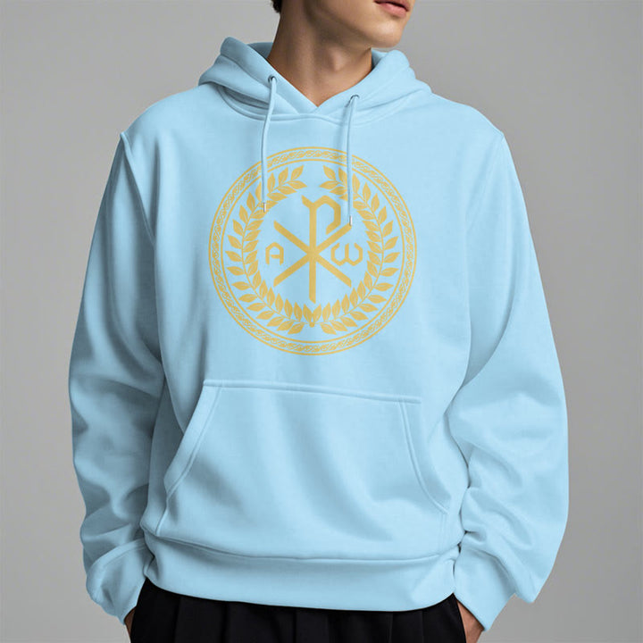 Christianartworkshop Kapuzenpullover aus Polyester im klassischen Stil mit heiligem Chi-Rho-Emblem und Lorbeerkranz, mit Fleece gefüttert