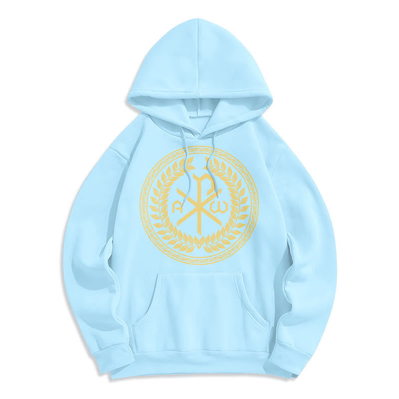 Christianartworkshop Kapuzenpullover aus Polyester im klassischen Stil mit heiligem Chi-Rho-Emblem und Lorbeerkranz, mit Fleece gefüttert