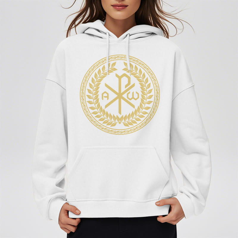 Christianartworkshop Kapuzenpullover aus Polyester im klassischen Stil mit heiligem Chi-Rho-Emblem und Lorbeerkranz, mit Fleece gefüttert
