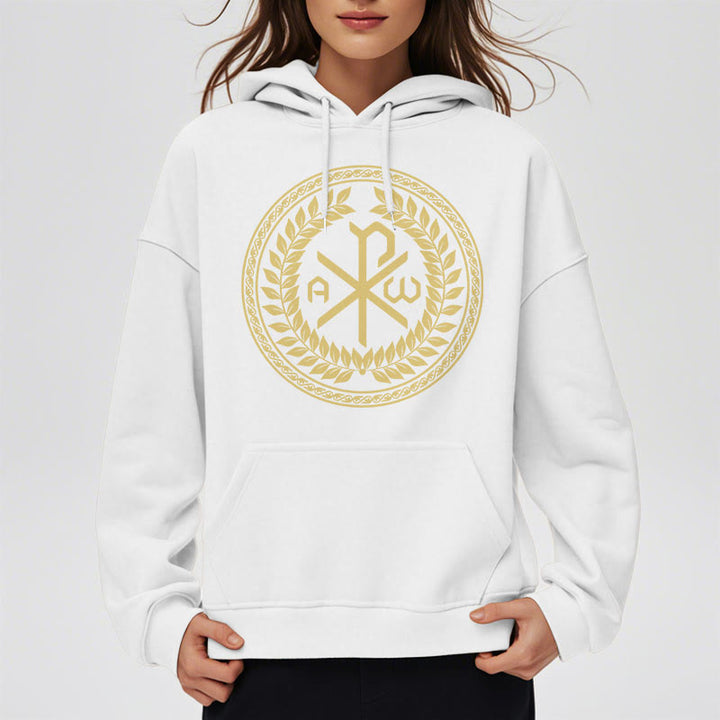 Christianartworkshop Kapuzenpullover aus Polyester im klassischen Stil mit heiligem Chi-Rho-Emblem und Lorbeerkranz, mit Fleece gefüttert