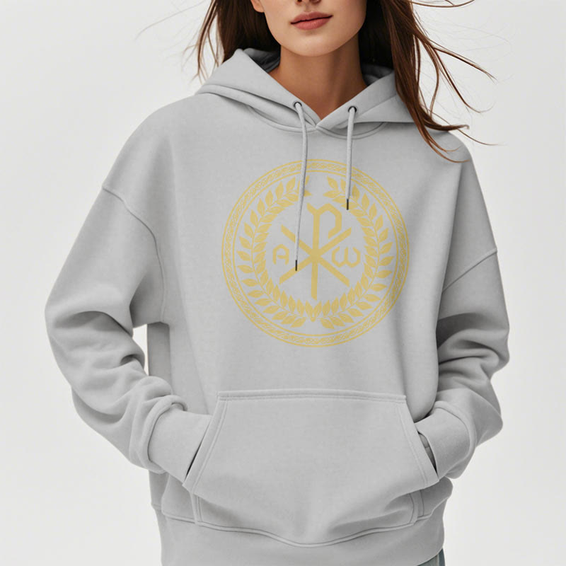 Christianartworkshop Kapuzenpullover aus Polyester im klassischen Stil mit heiligem Chi-Rho-Emblem und Lorbeerkranz, mit Fleece gefüttert