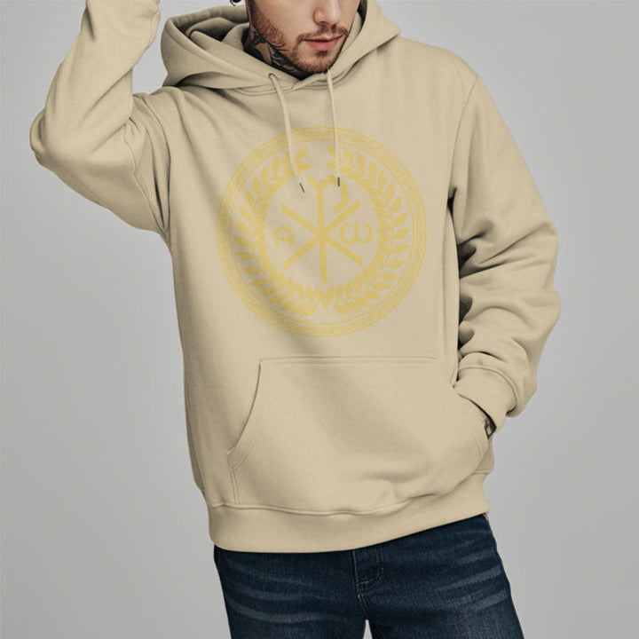 Christianartworkshop Kapuzenpullover aus Polyester im klassischen Stil mit heiligem Chi-Rho-Emblem und Lorbeerkranz, mit Fleece gefüttert