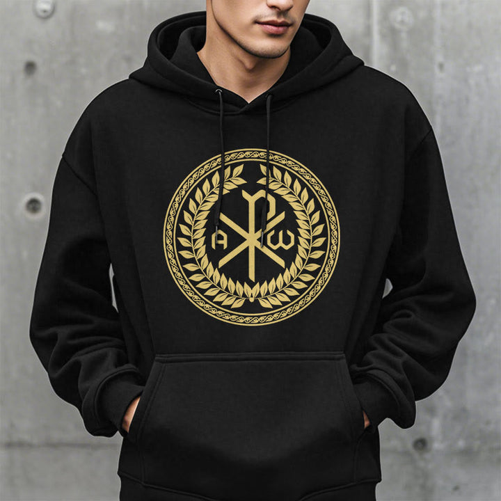 Christianartworkshop Kapuzenpullover aus Polyester im klassischen Stil mit heiligem Chi-Rho-Emblem und Lorbeerkranz, mit Fleece gefüttert