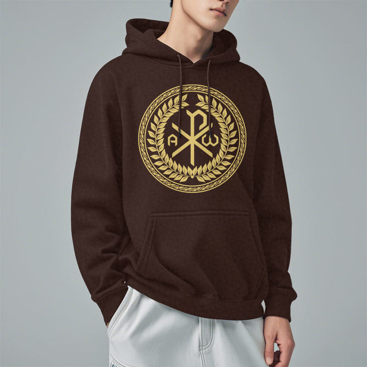 Christianartworkshop Kapuzenpullover aus Polyester im klassischen Stil mit heiligem Chi-Rho-Emblem und Lorbeerkranz, mit Fleece gefüttert