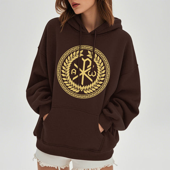 Christianartworkshop Kapuzenpullover aus Polyester im klassischen Stil mit heiligem Chi-Rho-Emblem und Lorbeerkranz, mit Fleece gefüttert
