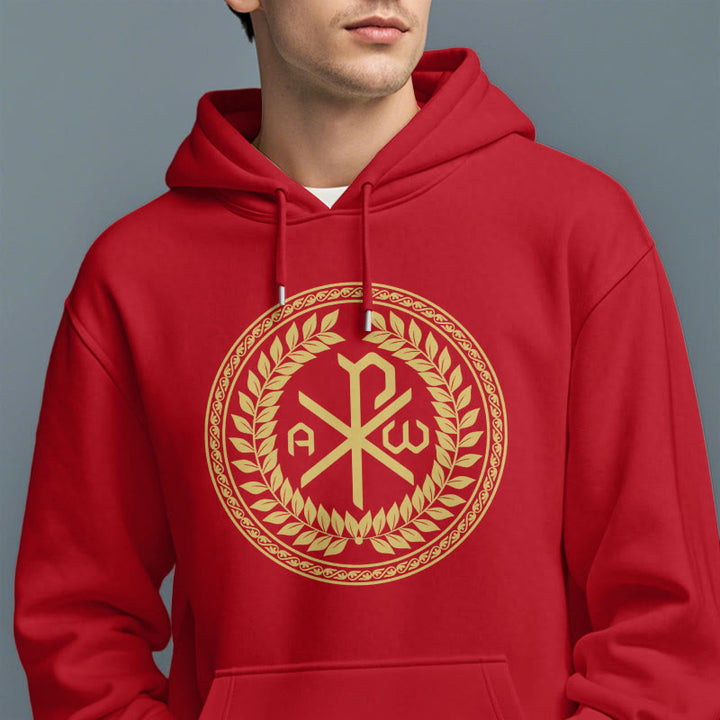 Christianartworkshop Kapuzenpullover aus Polyester im klassischen Stil mit heiligem Chi-Rho-Emblem und Lorbeerkranz, mit Fleece gefüttert