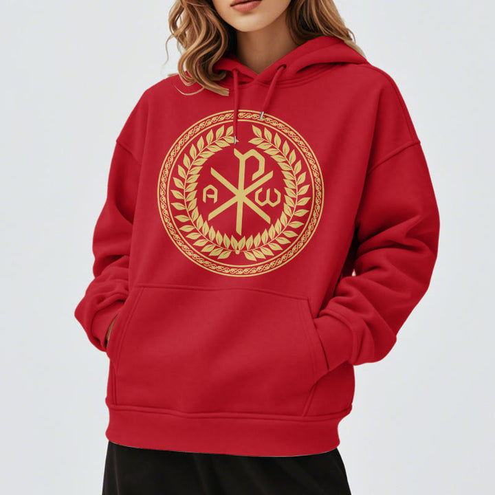 Christianartworkshop Kapuzenpullover aus Polyester im klassischen Stil mit heiligem Chi-Rho-Emblem und Lorbeerkranz, mit Fleece gefüttert