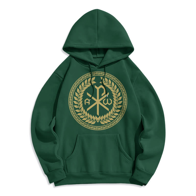 Christianartworkshop Kapuzenpullover aus Polyester im klassischen Stil mit heiligem Chi-Rho-Emblem und Lorbeerkranz, mit Fleece gefüttert