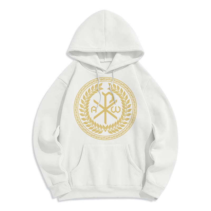 Christianartworkshop Kapuzenpullover aus Polyester im klassischen Stil mit heiligem Chi-Rho-Emblem und Lorbeerkranz, mit Fleece gefüttert