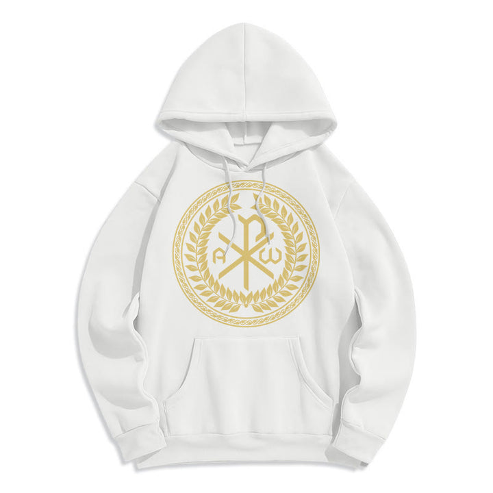 Christianartworkshop Kapuzenpullover aus Polyester im klassischen Stil mit heiligem Chi-Rho-Emblem und Lorbeerkranz, mit Fleece gefüttert