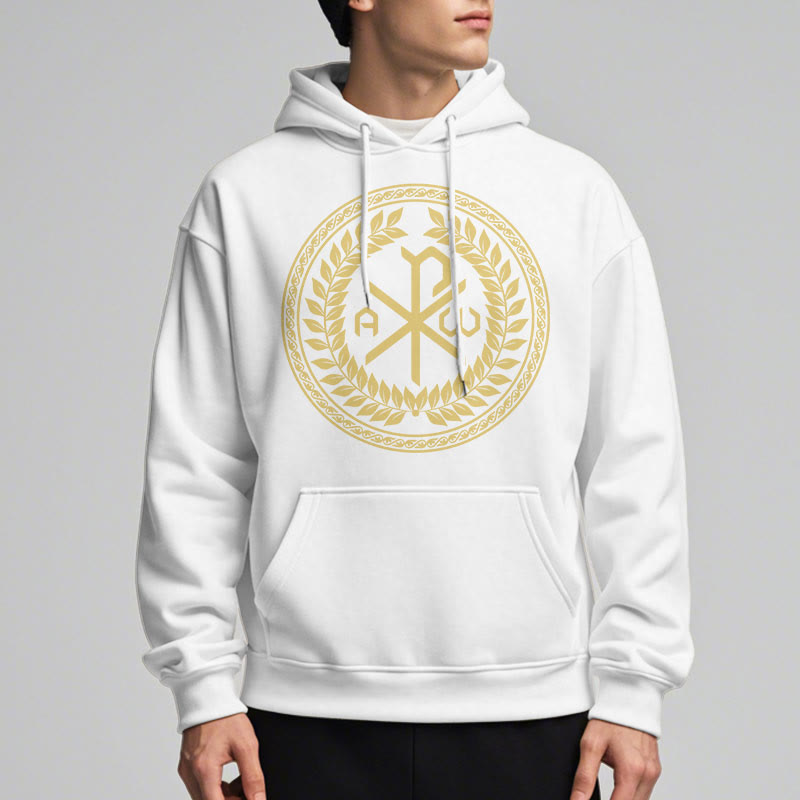 Christianartworkshop Kapuzenpullover aus Polyester im klassischen Stil mit heiligem Chi-Rho-Emblem und Lorbeerkranz, mit Fleece gefüttert