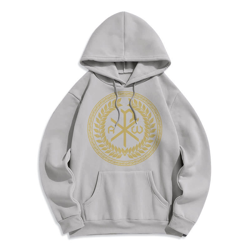 Christianartworkshop Kapuzenpullover aus Polyester im klassischen Stil mit heiligem Chi-Rho-Emblem und Lorbeerkranz, mit Fleece gefüttert